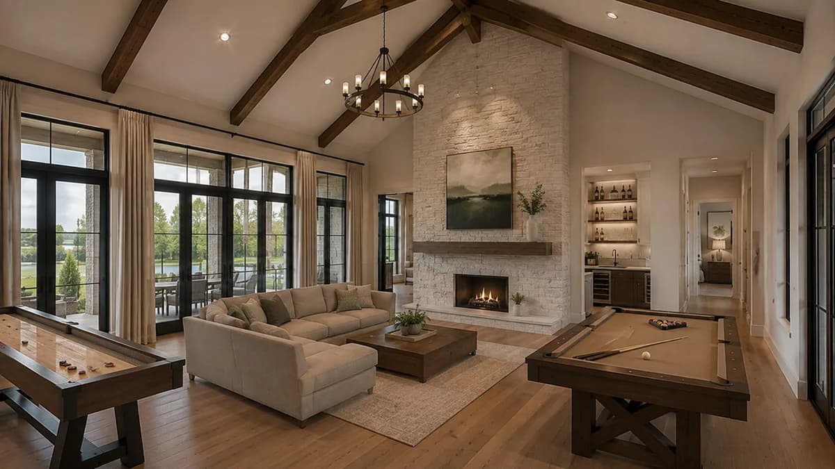 Our Country Homes living space with timber beams, detailed trim, and black-framed doors